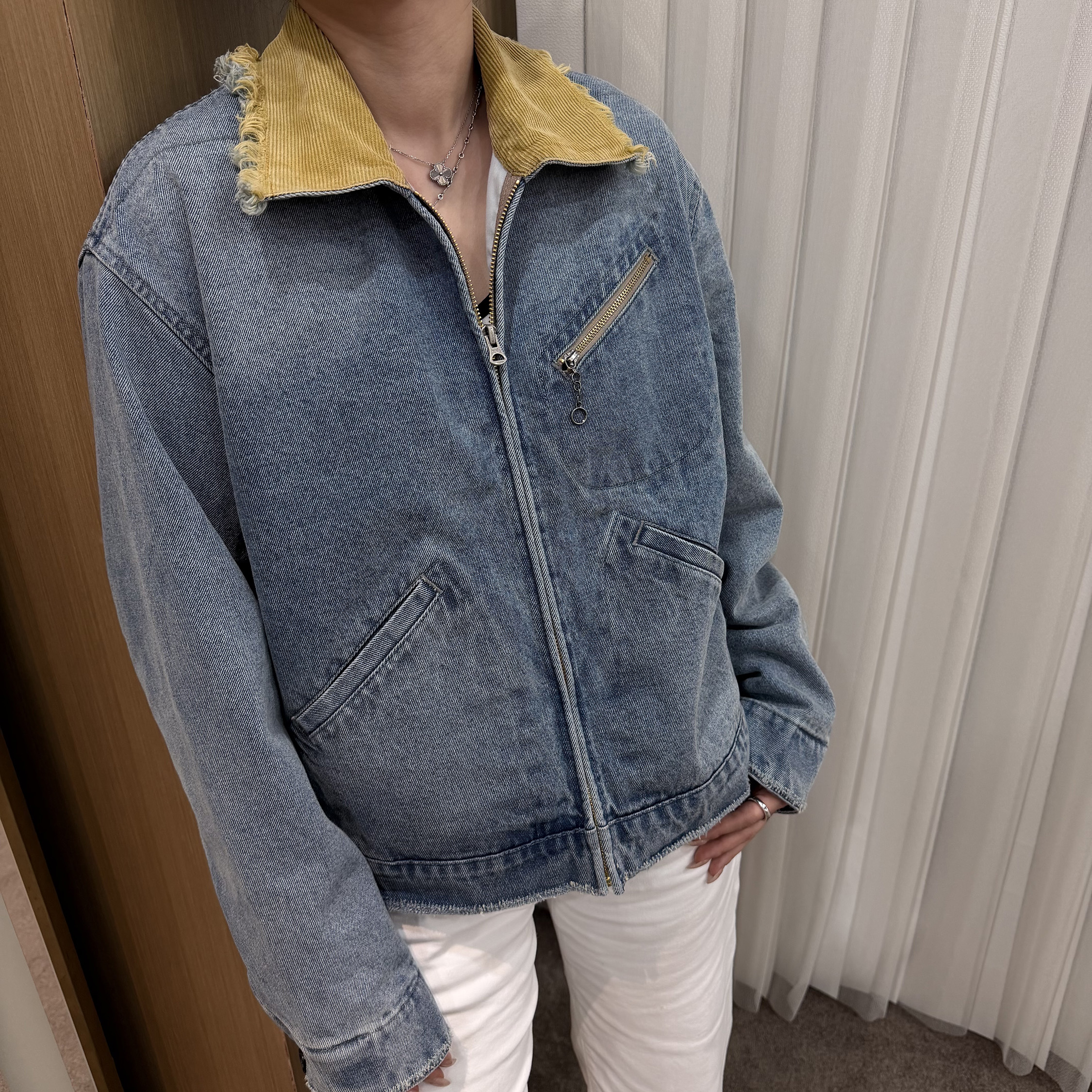 铆钉保暖水洗工装风翻领拉链夹克拼接加厚秋季百搭牛仔外套