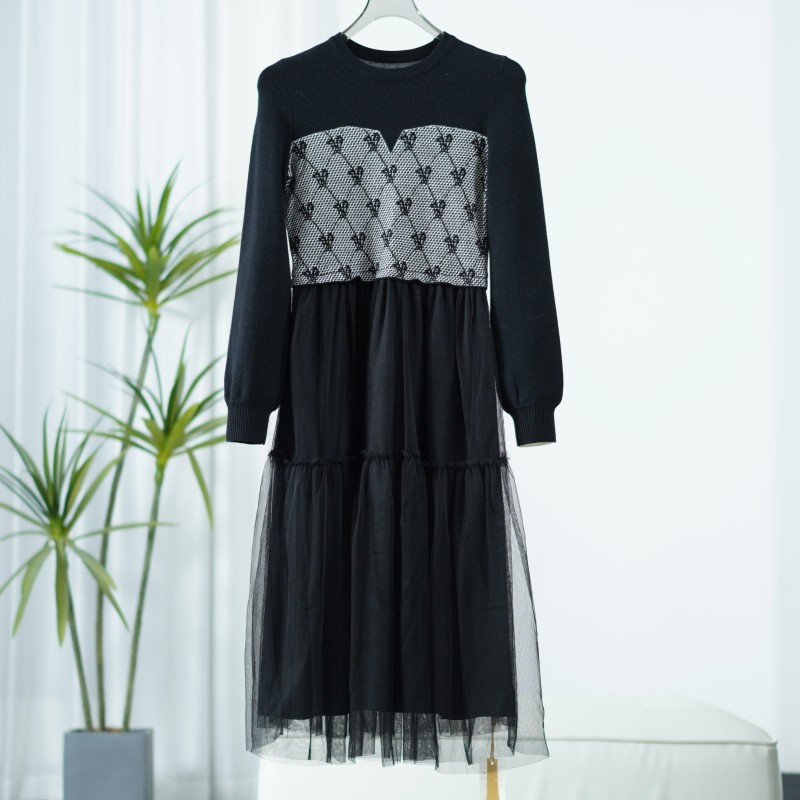 【诗M】E619  女装拼接网纱毛织连衣裙黑色2585185