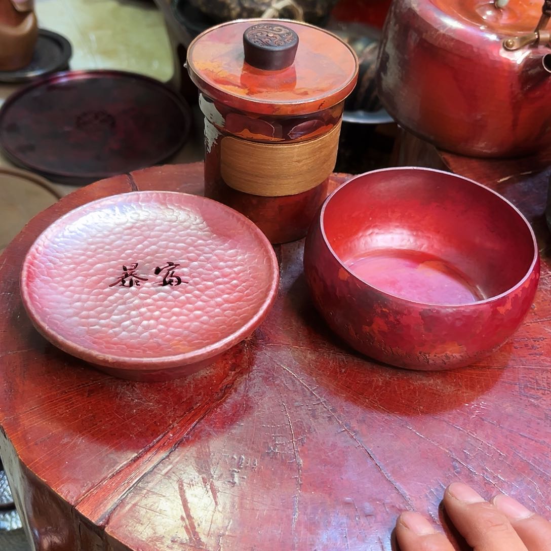 紫铜手工锻打工艺小茶洗，小壶承 手抓壶淬火抛光三件套