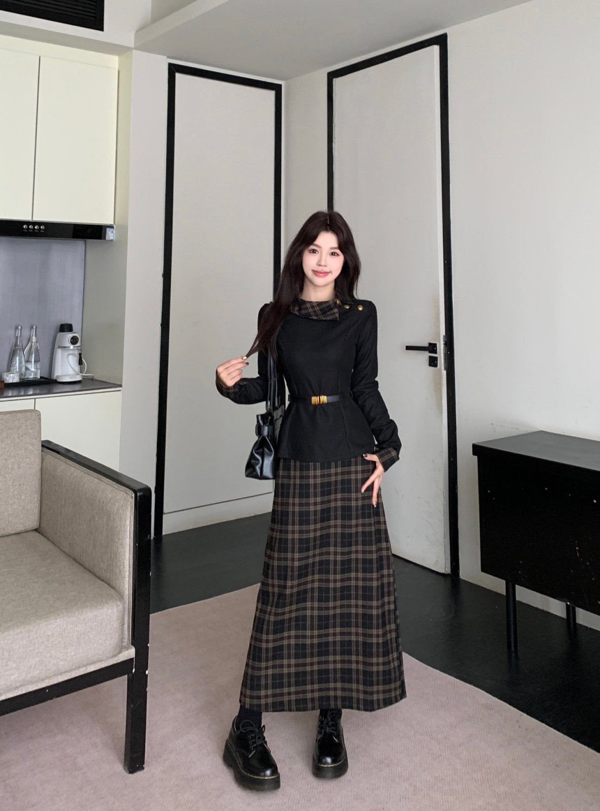 25加绒秋冬新款法式气质显瘦设计感格子拼接套装格纹控内搭穿搭