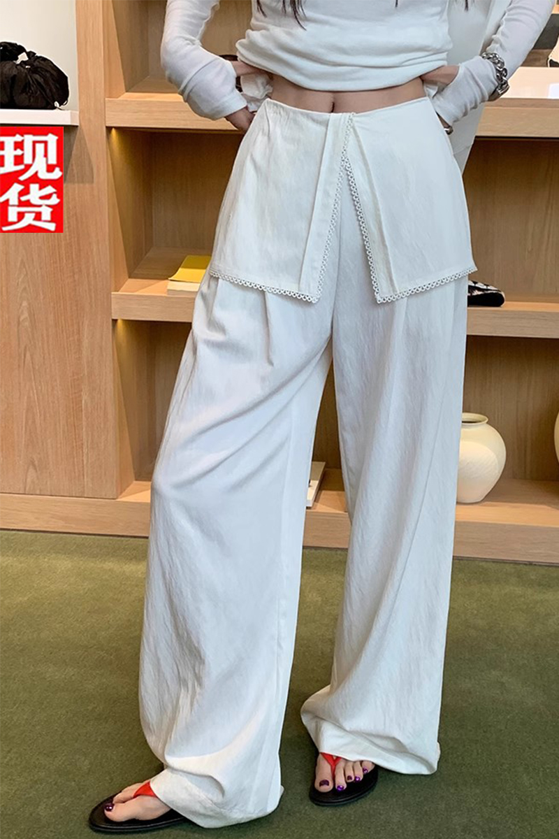 周美美 舒逸慢行花边假两件白色阔腿休闲裤拖地裤裤子女