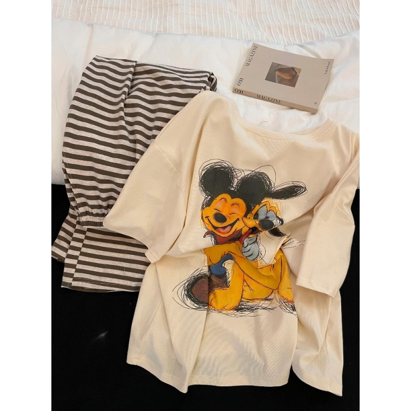 【米奇&修狗】显瘦百搭短袖T恤简约条纹长裤两件套可外穿家居服夏款
