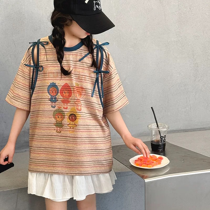 【清货】2025夏水果女孩条纹蝴蝶结镂空短袖T恤 D378 378 M