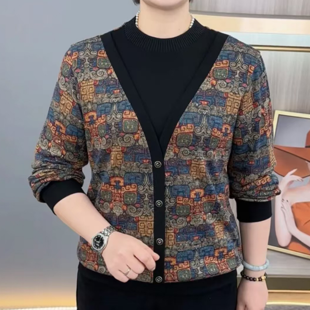 中老年妈妈装宽松时尚长袖上衣秋季新款假两件设计气质百搭