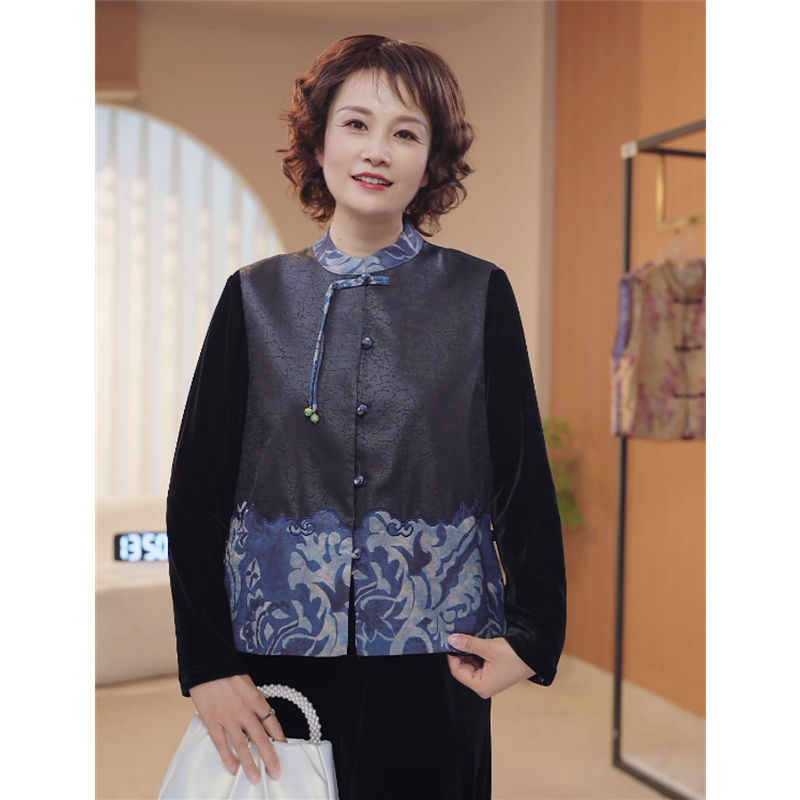 妈妈装秋装国风中式三件套气质中老年秋季马甲长袖民族风套装1100