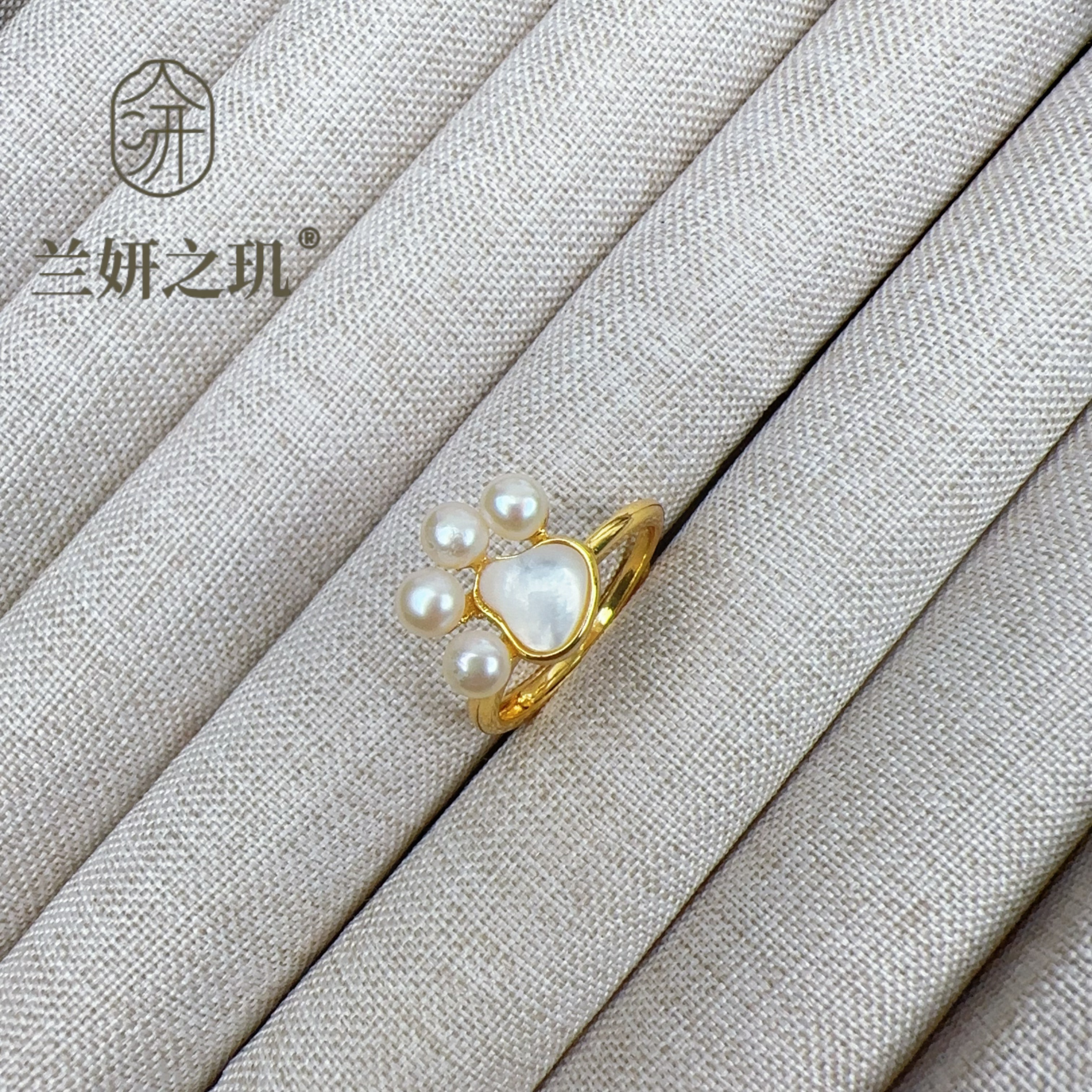 4mm淡水珍珠可爱小猫爪戒指珍珠母贝猫爪开口戒轻奢精致 8320