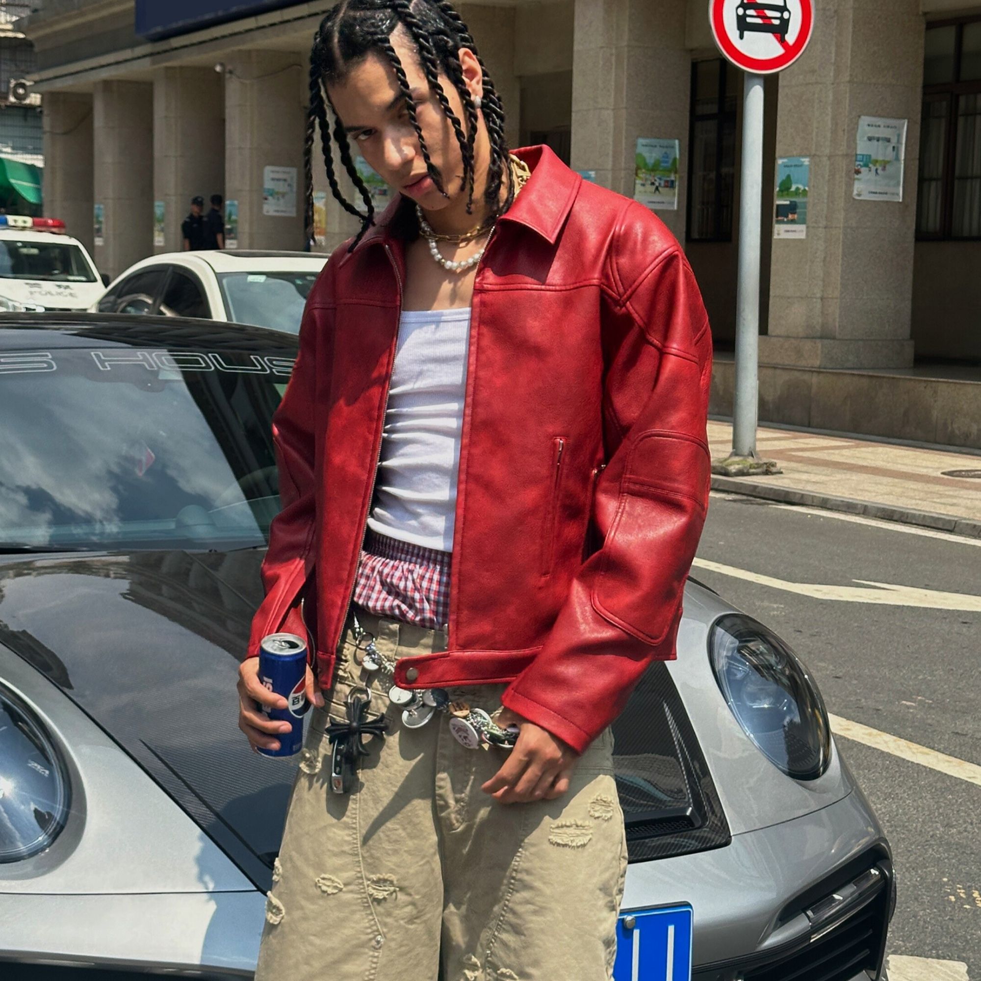 STEEPC李承协同款做旧水洗勃艮第红色 短宽版型 翻领夹克外套皮衣