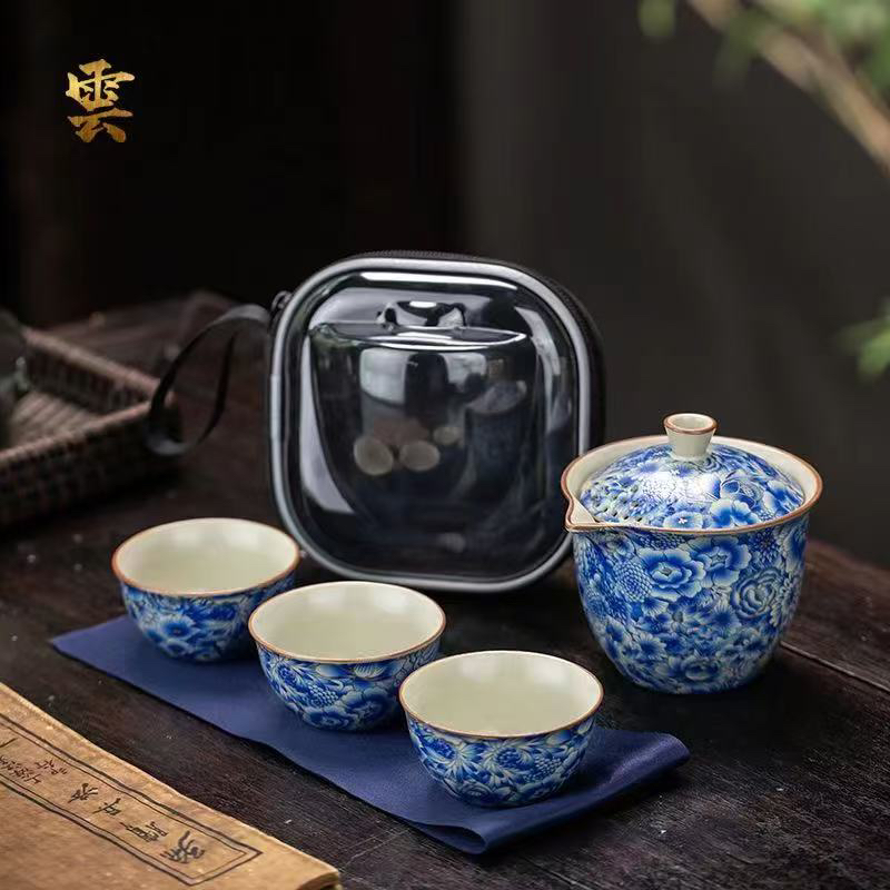 汝窑繁花旅行茶具便携快客杯一壶3杯户外随身泡茶收纳