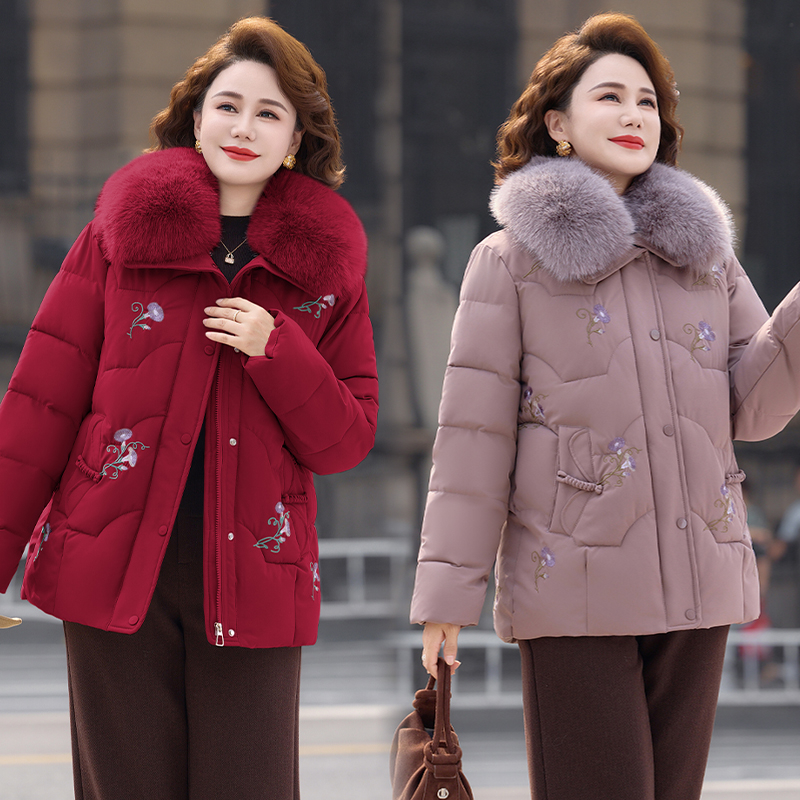 妈妈冬装加绒加厚棉衣时尚新款中老年女秋冬洋气保暖棉袄外套景