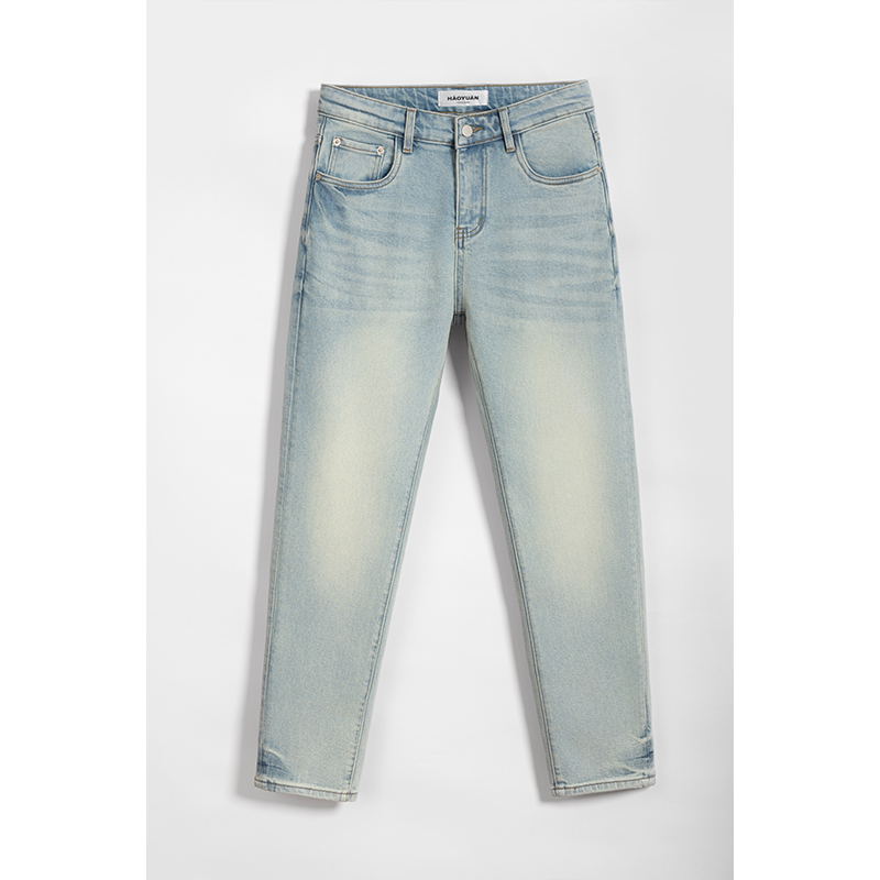 HAOSEN「冬款磨砂蓝」冬款加厚14安男士中腰修身直筒牛仔裤九分裤子