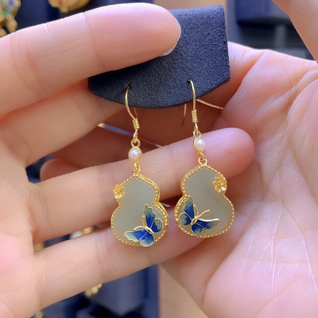 和田玉耳饰银S925镀金镶嵌