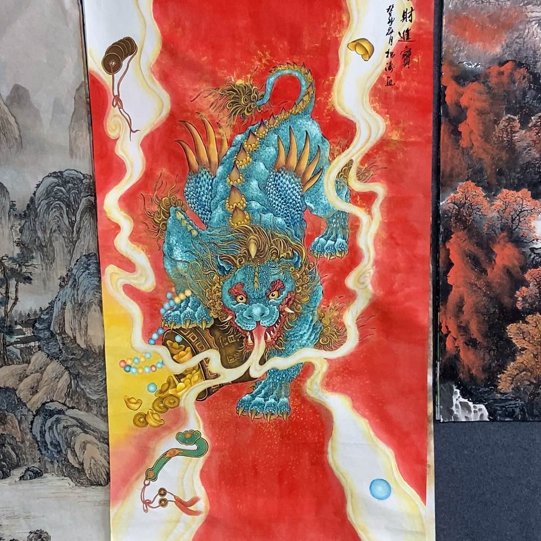 国画大六尺貔貅一副