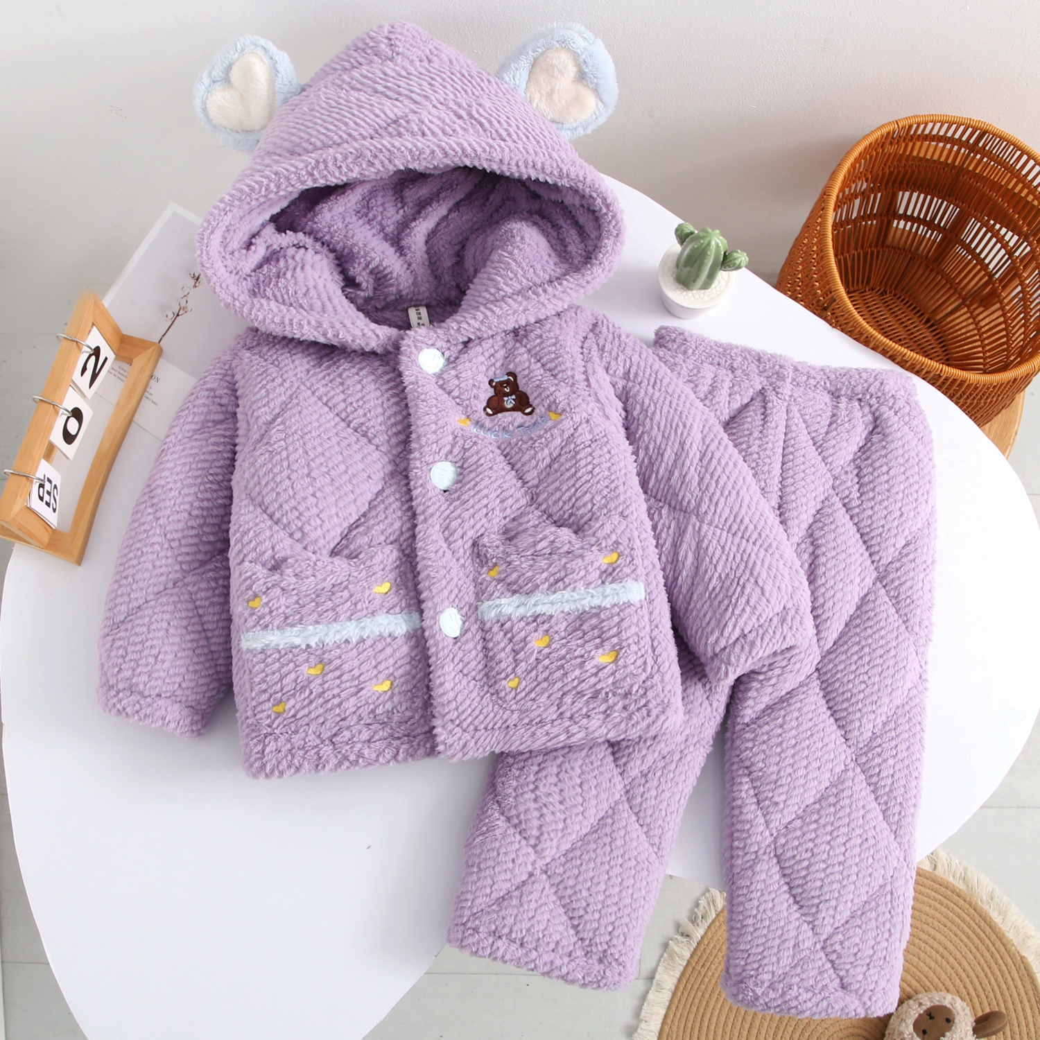 儿童连帽冬季睡衣女孩加绒加厚保暖女童宝宝外穿法兰绒卡通套装