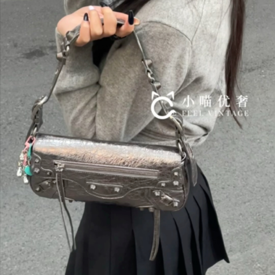 99新 Balenciaga/巴黎世家 银色法棍单肩包复古机车包时尚潮流