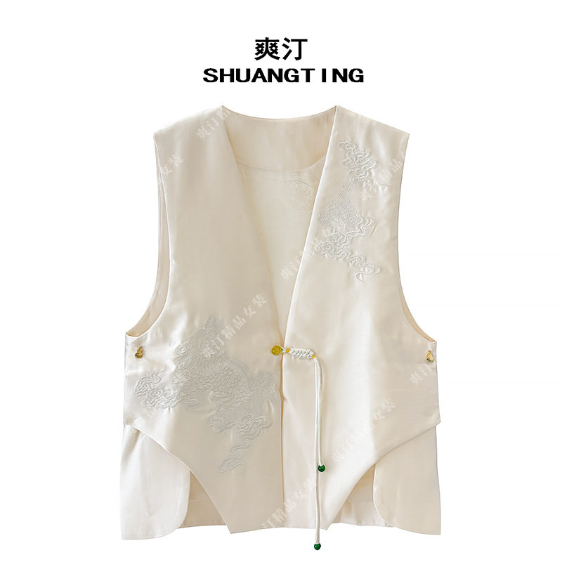 Jokara/丘可儿【枫落】新中式国风马甲绣花复古盘扣V领马夹休闲春