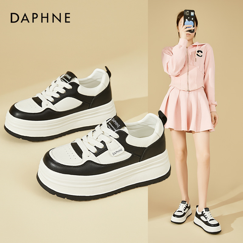 Daphne/达芙妮撞色透气板鞋女时尚休闲运动鞋百搭厚底系带小白鞋