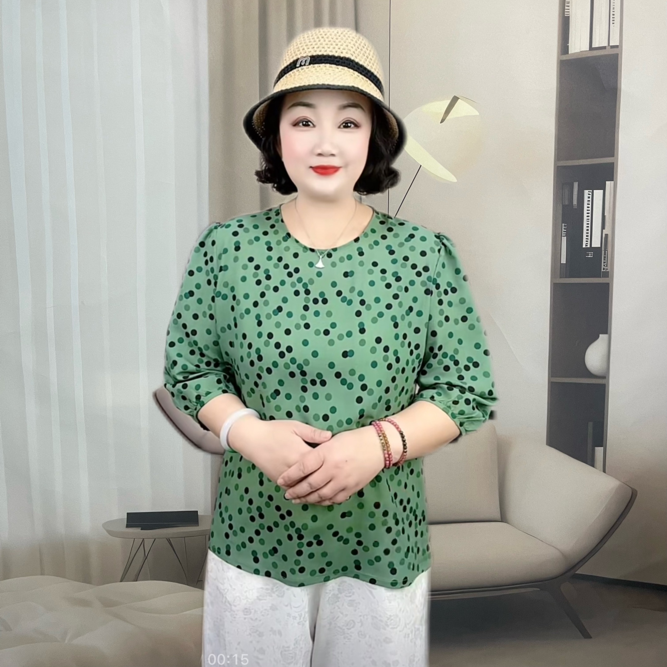 {高定波点}2025年新款时尚薄款中老年女装重磅休闲六分袖小衫