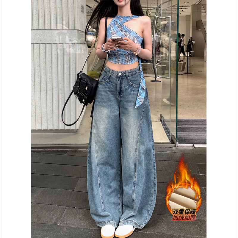 美式高街加绒水洗弯刀牛仔裤女2025冬季新款高腰显瘦痞帅阔腿裤