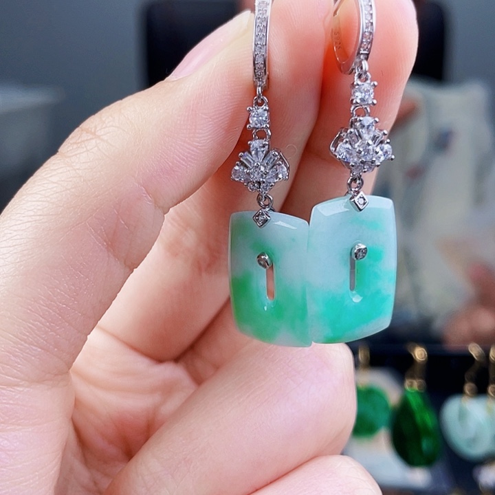 翡翠耳饰银S925镶嵌饰品