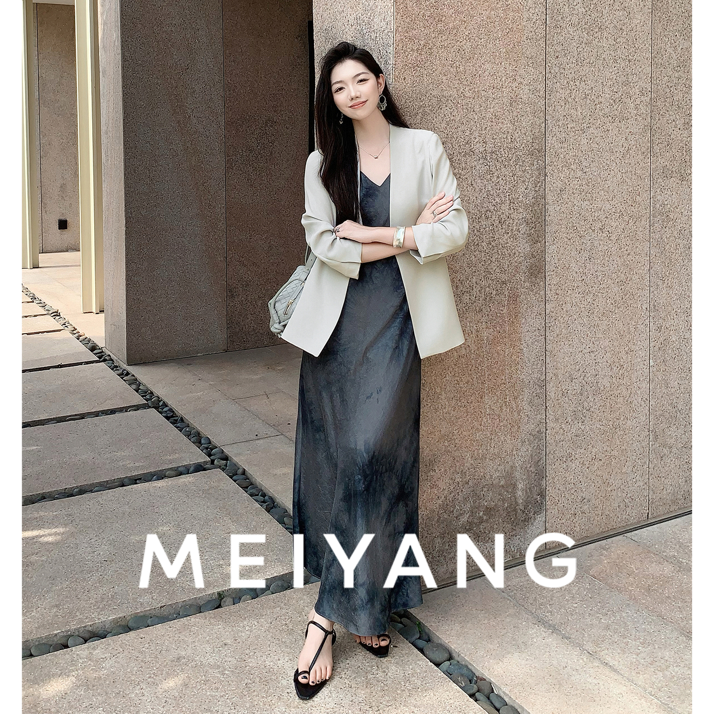 美洋MEIYANG 薄奕三醋酸西装二号 深V无领通勤休闲西服外套-周一