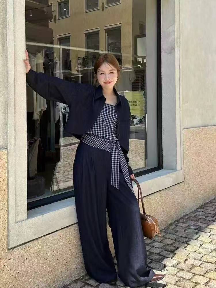 秋季新款时尚套装阔腿休闲风度假风黑色富家千金风初恋风8252禾页