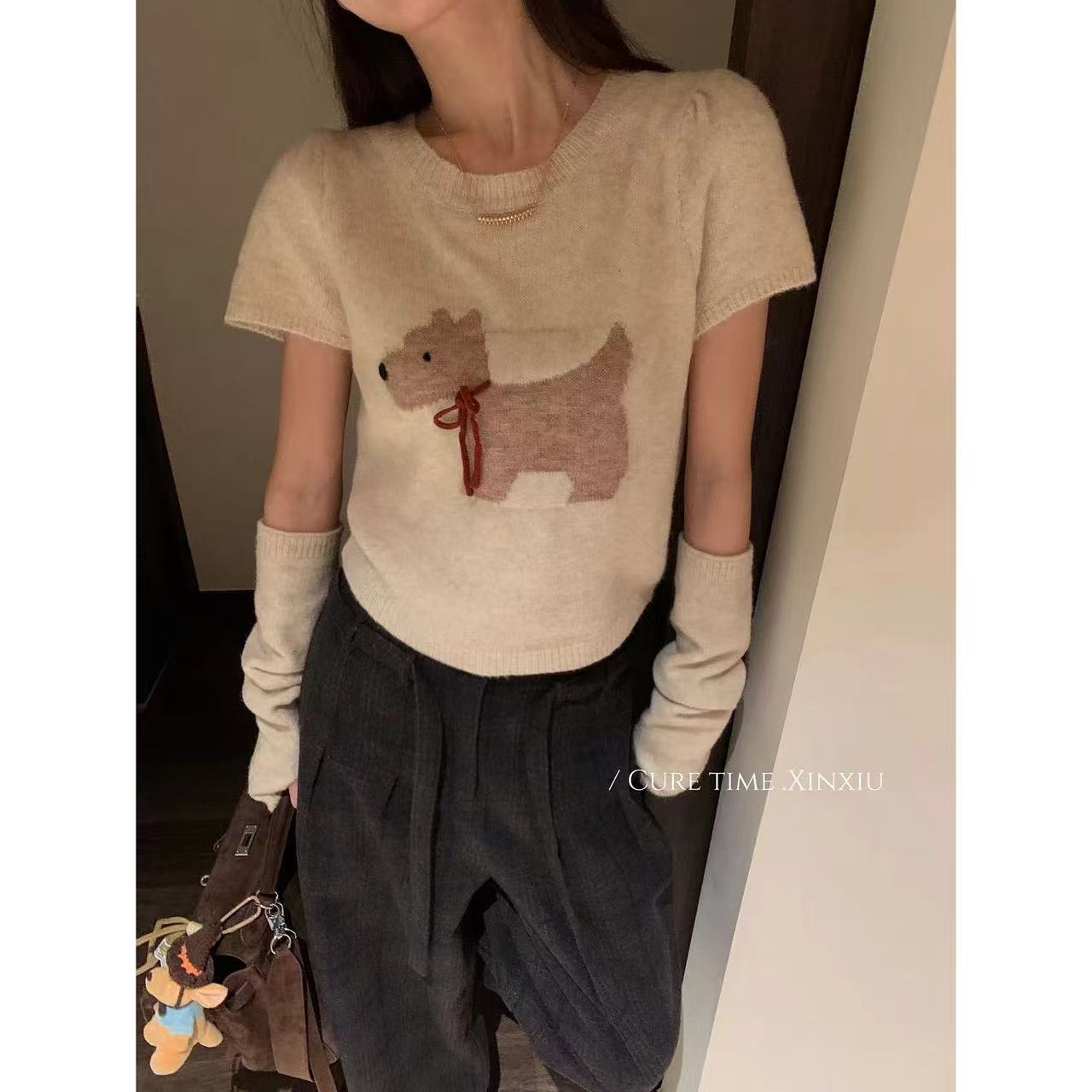 新袖 88199 分体袖套小狗蝴蝶结提花圆领毛衣宽松短袖羊毛针织衫