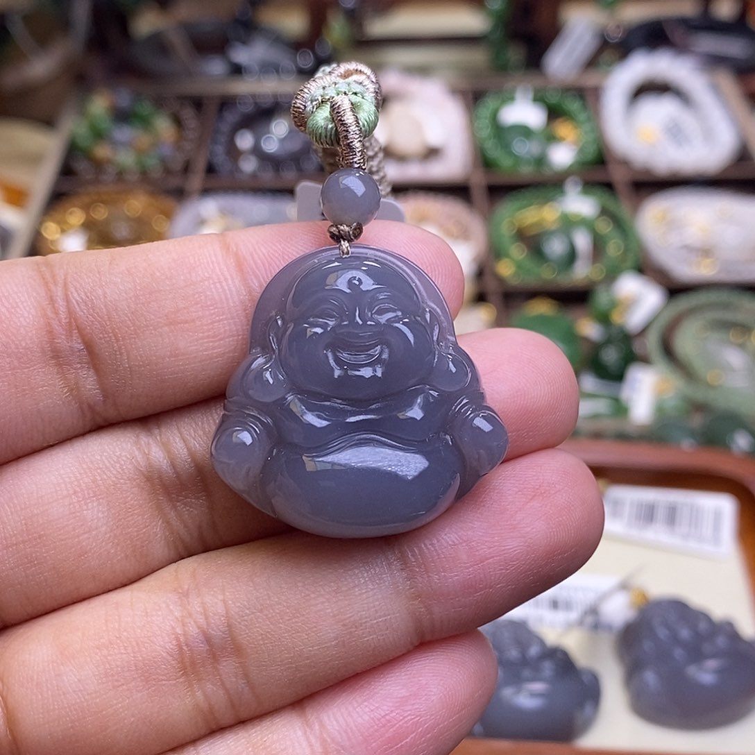 颈饰未镶嵌和田玉精品烟紫老料冰底浓紫佛公吊坠