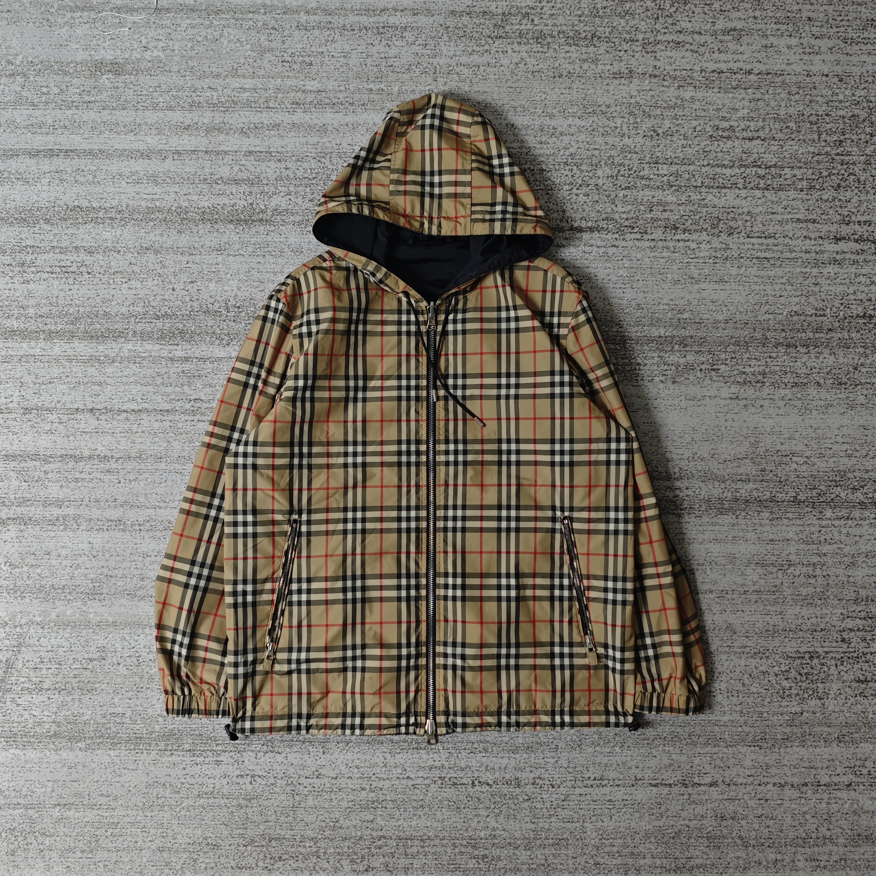 99新 BURBERRY/博柏利 Vintage双面两穿格纹连帽夹克/M码＃7671