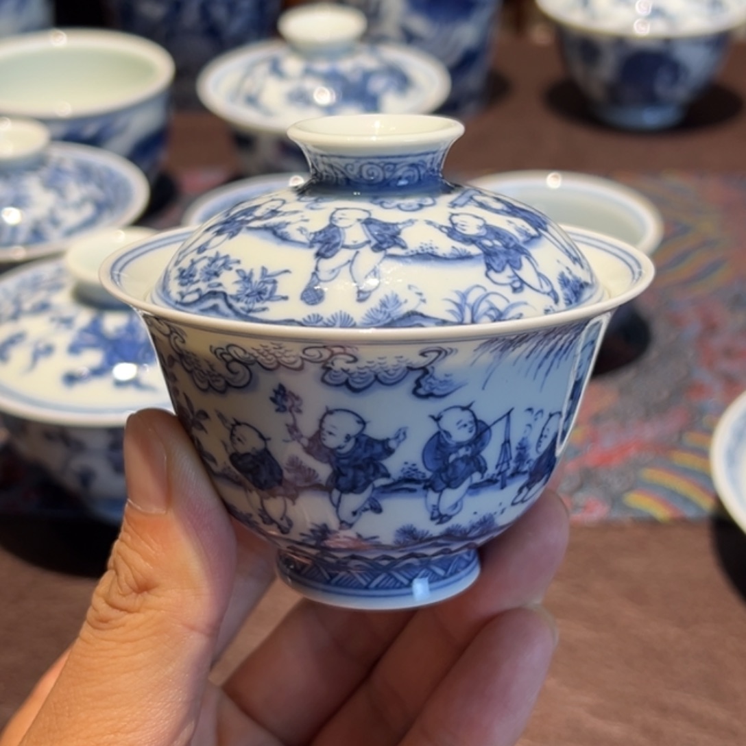 留***白精品青花薄胎婴戏图二才盖碗约100毫升