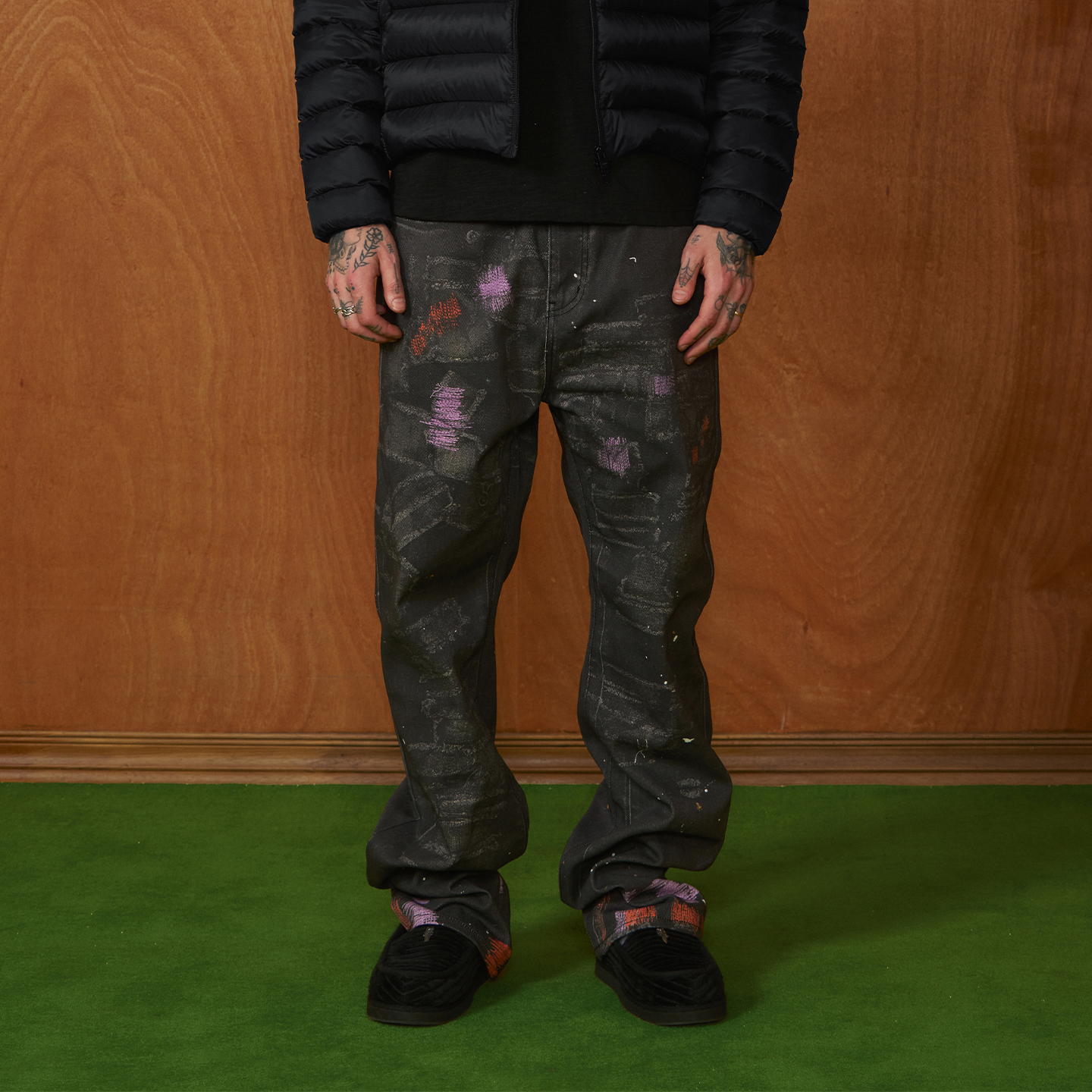 PMW 补丁转印直筒牛仔裤全棉花纹破洞泼墨设计街头潮流百搭长裤男