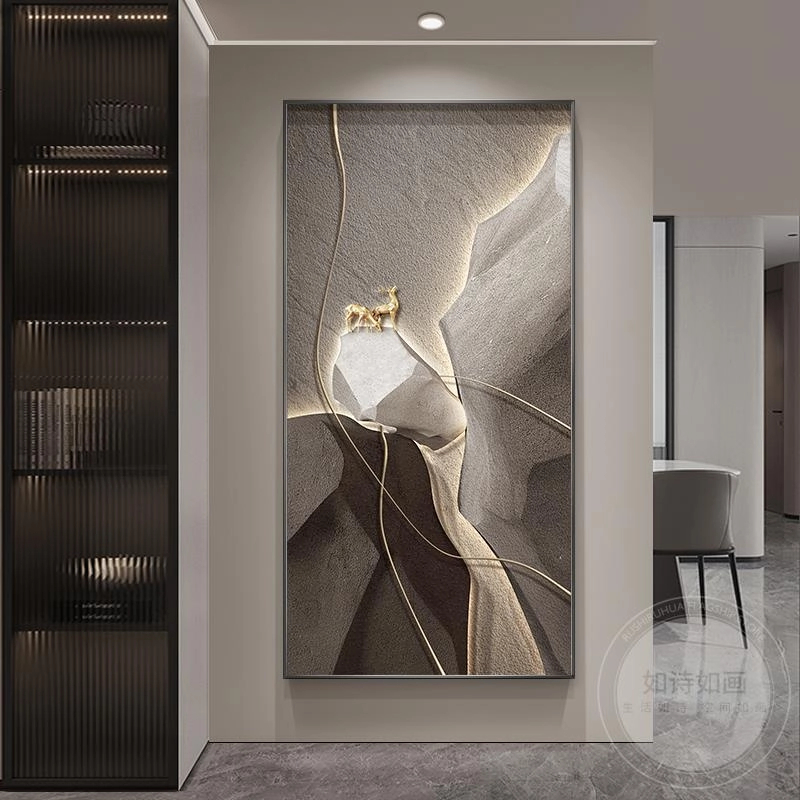 石来运转入户玄关装饰画现代轻奢高级感走廊过道挂画麋鹿竖版壁画