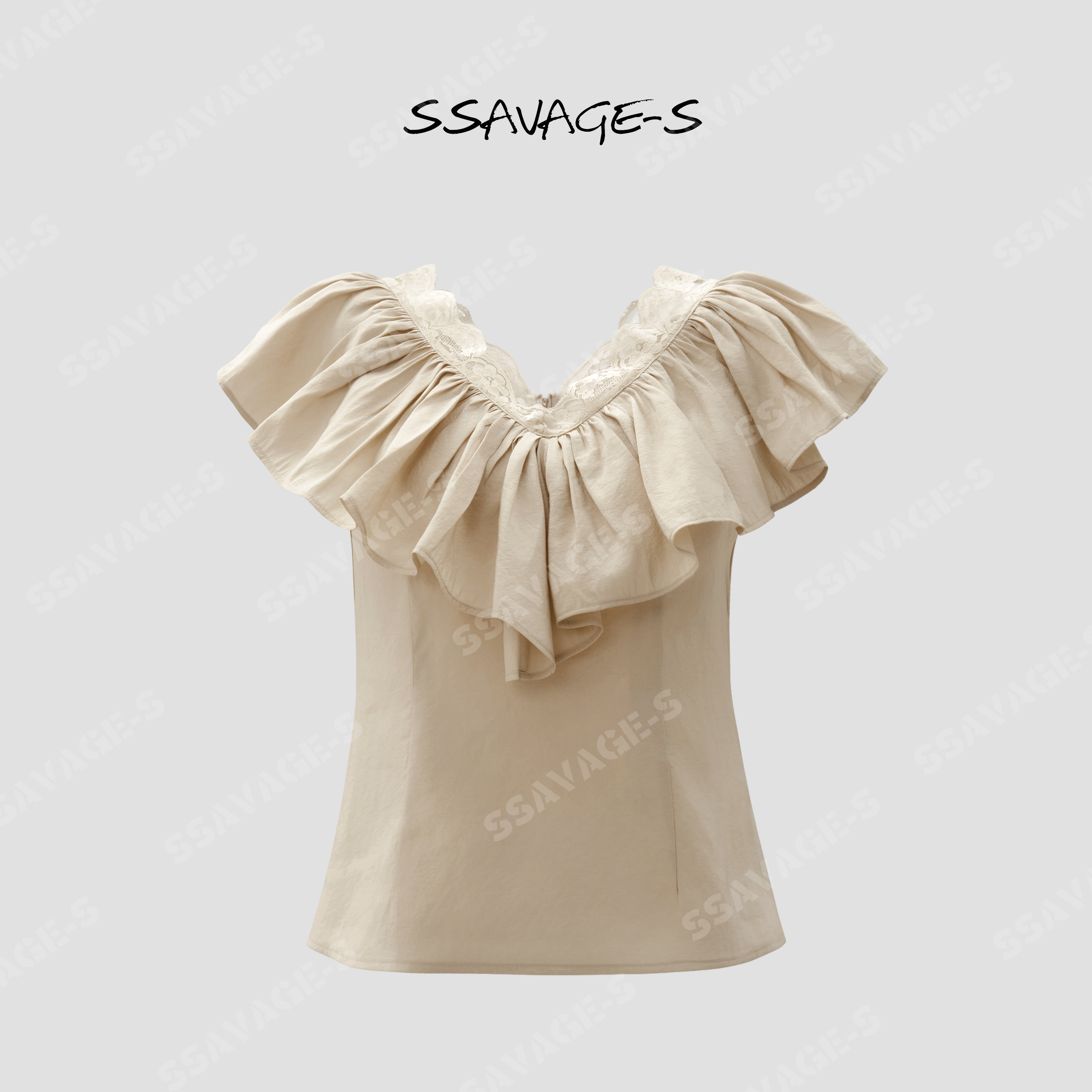 SSAVAGE“杏野潮声”浅杏蕾丝V领双层荷叶花边小飞袖上衣SS91297C