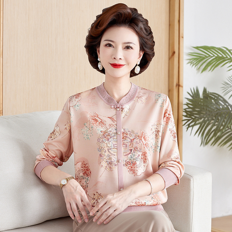 2025长袖中年中老年女装针织小衫妈妈秋装小衫新中式长袖打底衫