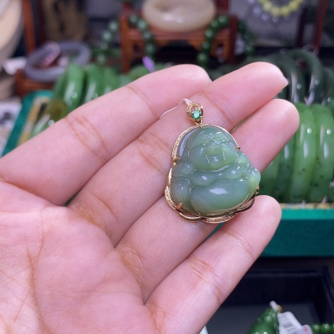 和田玉碧玉老料粉青猫眼金镶佛公未镶嵌