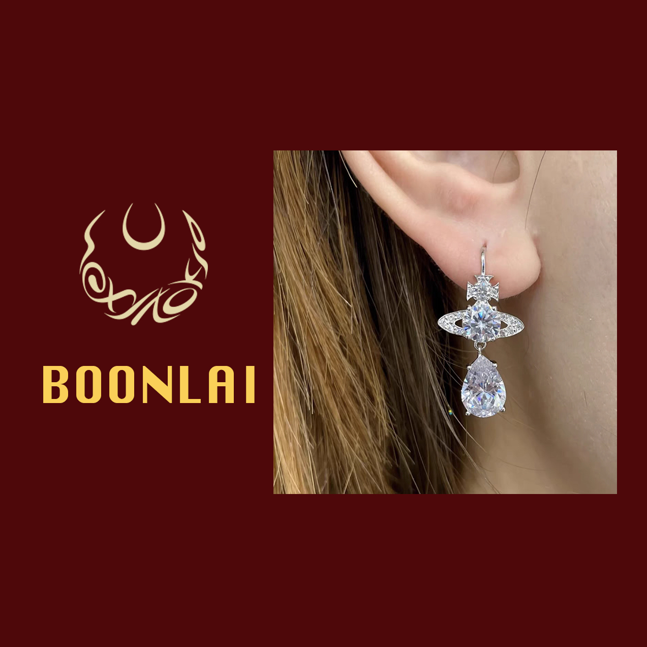 铜合金莫桑石耳饰 Boonlai 银色满钻土星耳环1341