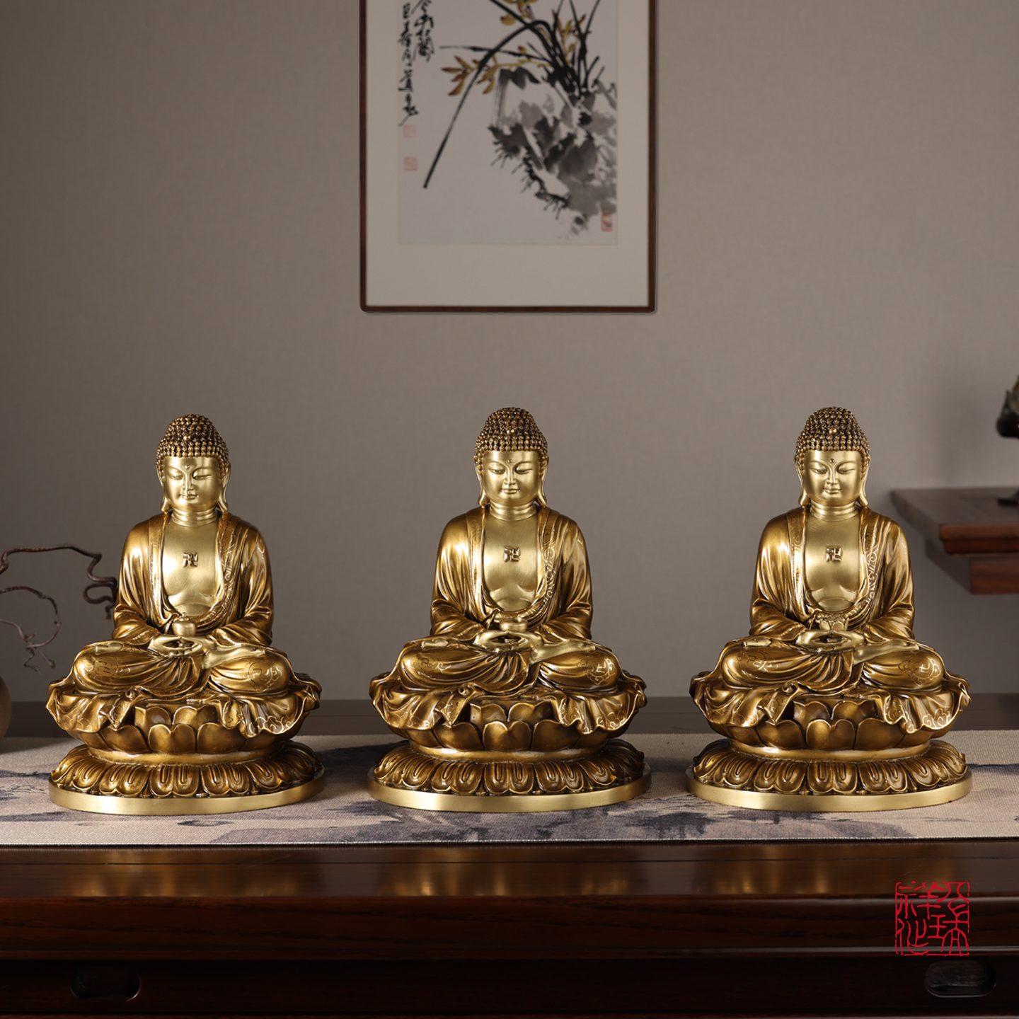 八瑞祥黄铜佛像家用供奉【三宝佛】释迦牟尼药师佛阿弥陀佛铜像摆件