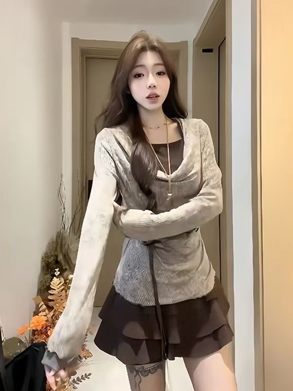 小上衣风挂脖假两件扎染针织衫女秋季套头长袖T恤痞帅炸街风女装