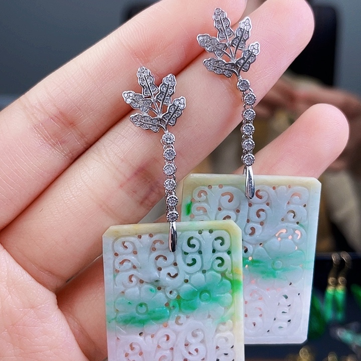 翡翠耳饰银S925镶嵌饰品
