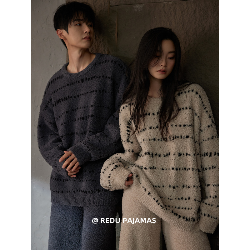 热妒半边绒情侣睡衣女秋冬季条纹高级感可外穿长袖男士家居服套装