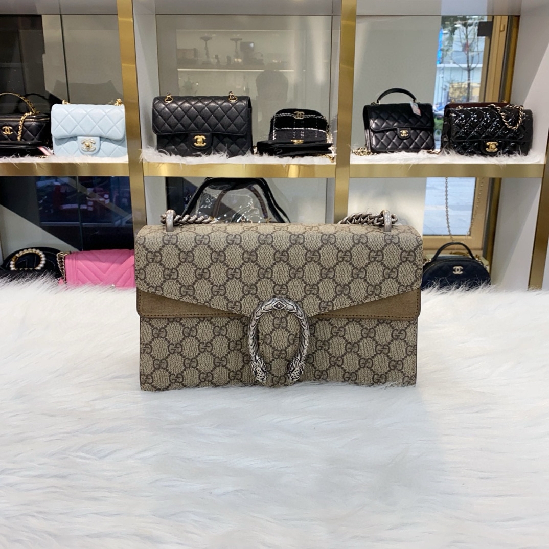99新 GUCCI/古驰 Gucci古驰酒神老花乌木色中号链条包 