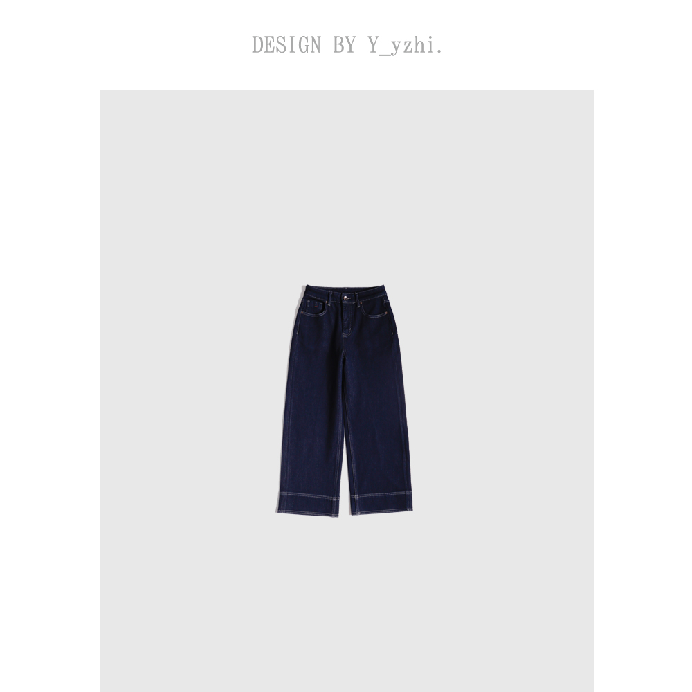 y_yzhi 茶茶｜简约直筒女士藏青色秋冬裤子深色磨毛弹力牛仔裤