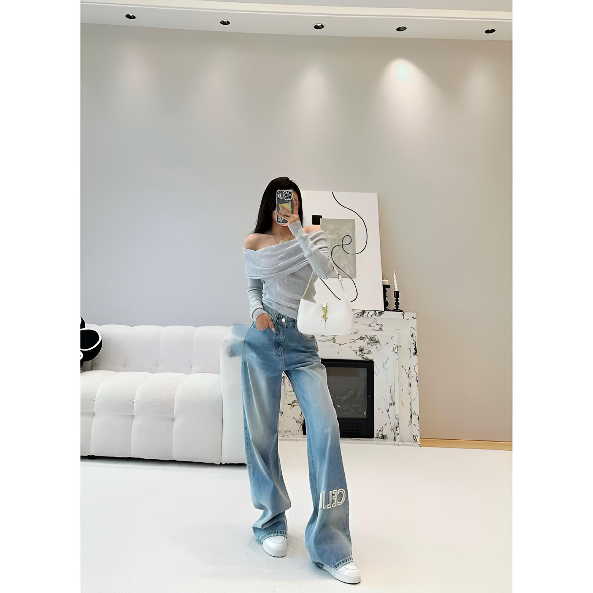 [新疆包邮]南油品质新款渐变直筒裤字母刺绣高腰阔腿裤女