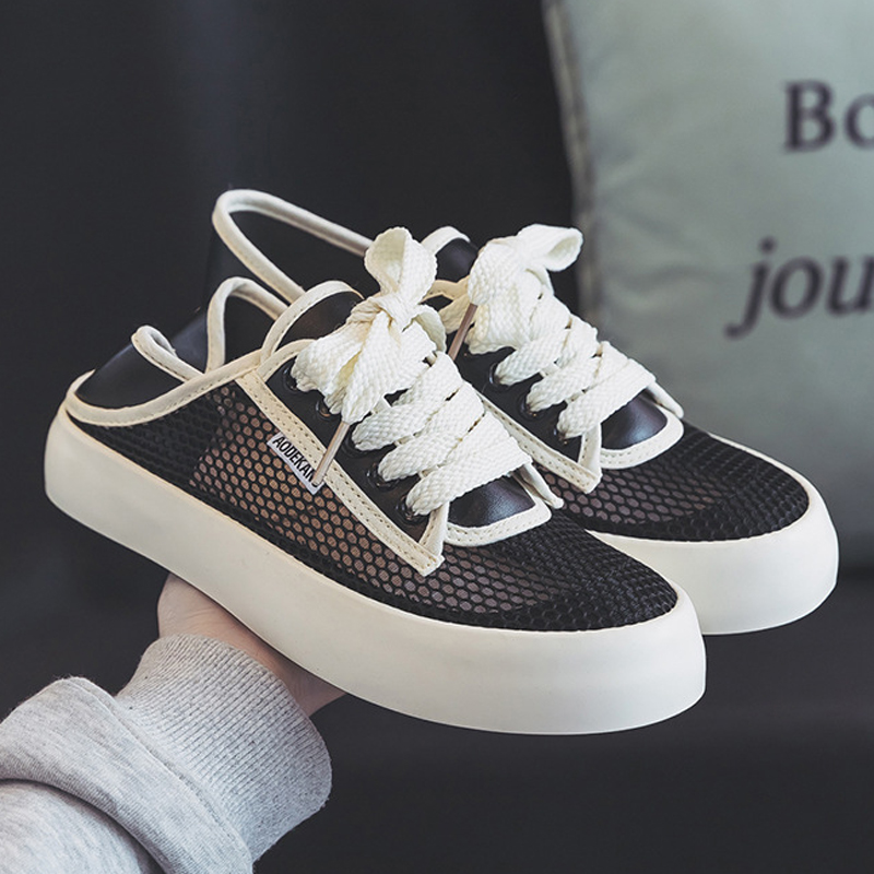 【网面3.5厘米】两穿可踩跟2025夏季半拖懒人一脚蹬镂空透气帆布鞋