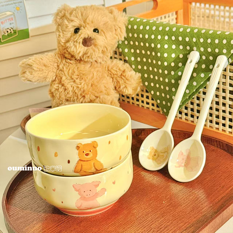 【卡通2碗2勺-B】4.5英寸米饭碗2碗2勺陶瓷釉下彩工艺餐具