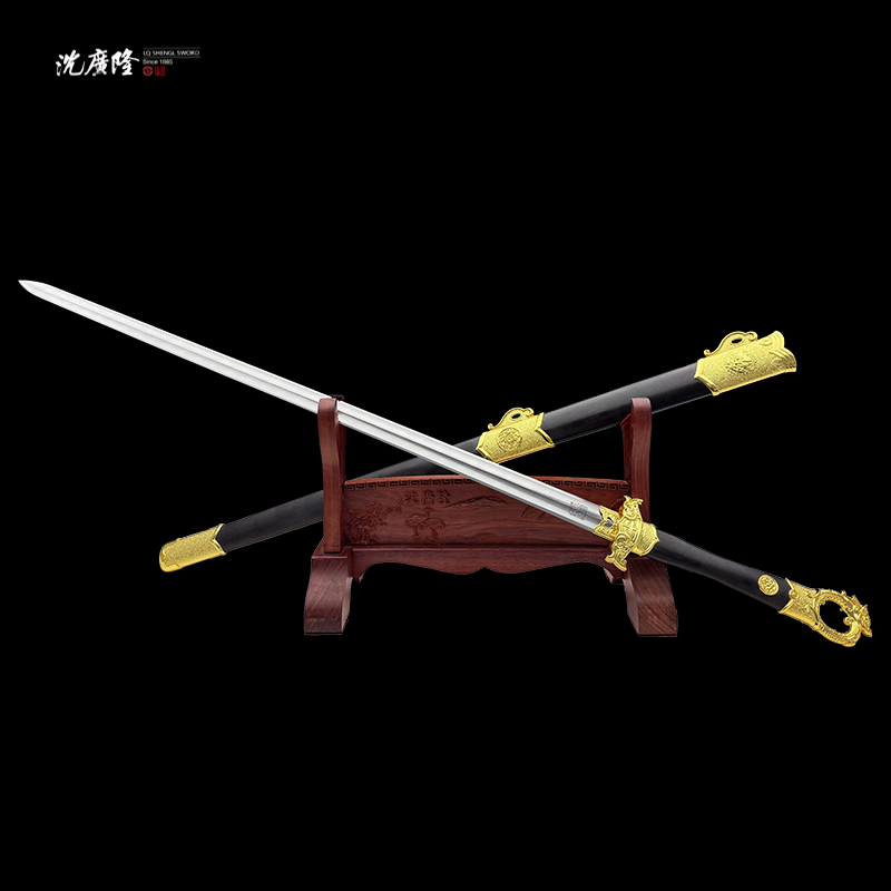 龙泉沈广隆-龙门环首剑 黑檀木 镀金 花纹钢 宝剑 手工 未开刃