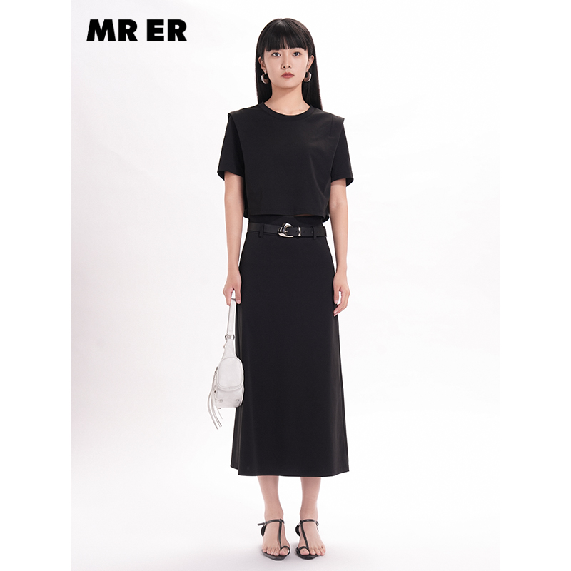 【达人专属】直角肩休闲短袖上衣中长款半身裙两件套R5AT0785