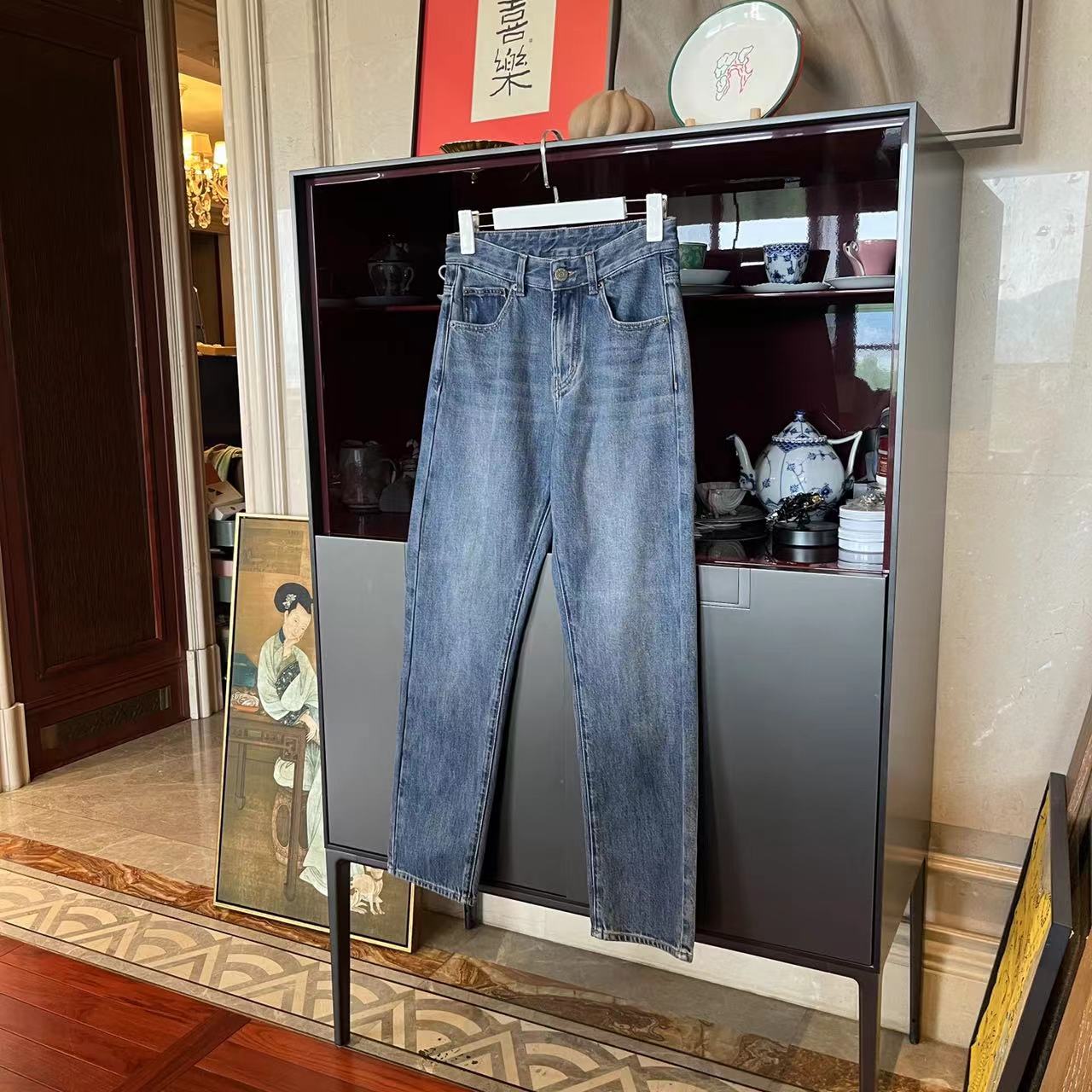 MYL 2024夏季新品纯棉蓝色牛仔裤中腰直筒纯色时尚休闲通勤长裤