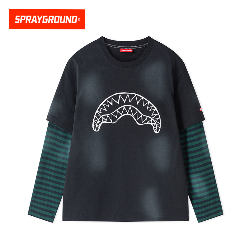 SPRAYGROUND鲨鱼嘴长袖T恤撞色拼接春秋宽松假两件XB WE110305