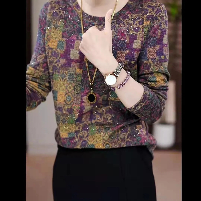 复古风印花秋冬新款上衣圆领加绒加厚保暖长袖T恤修身时髦打底