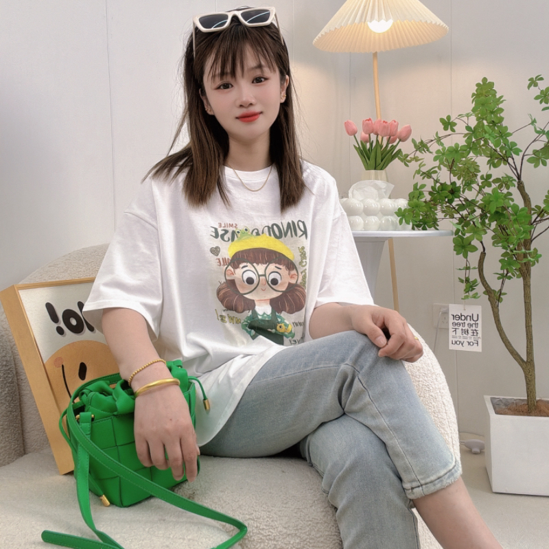 双纱纯棉短袖时尚半袖T恤Oversize风圆领中长款夏季韩版卡通印花